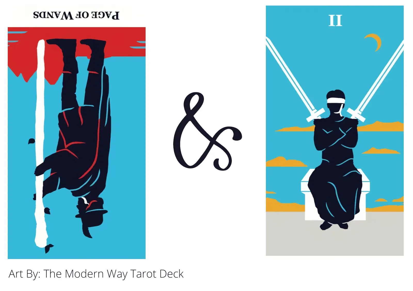 page of wands reversed and two of swords tarot cards together
