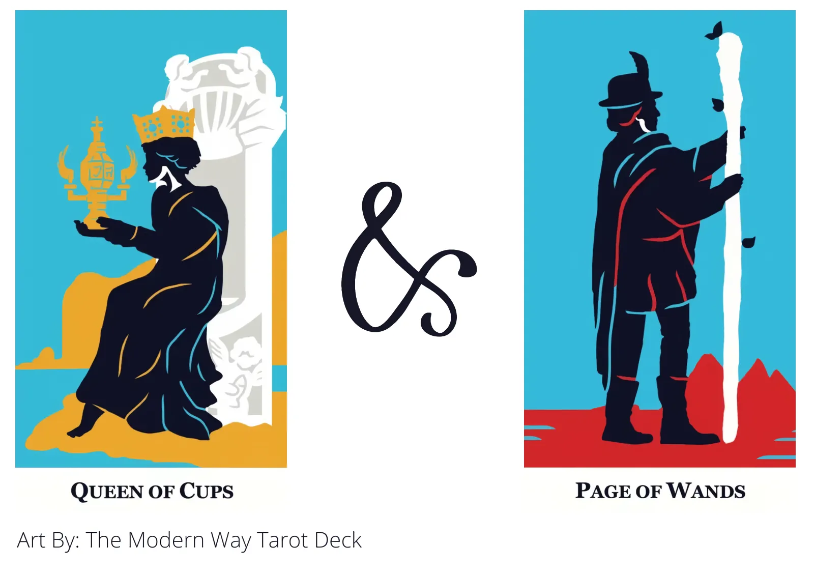 queen of cups and page of wands tarot cards together