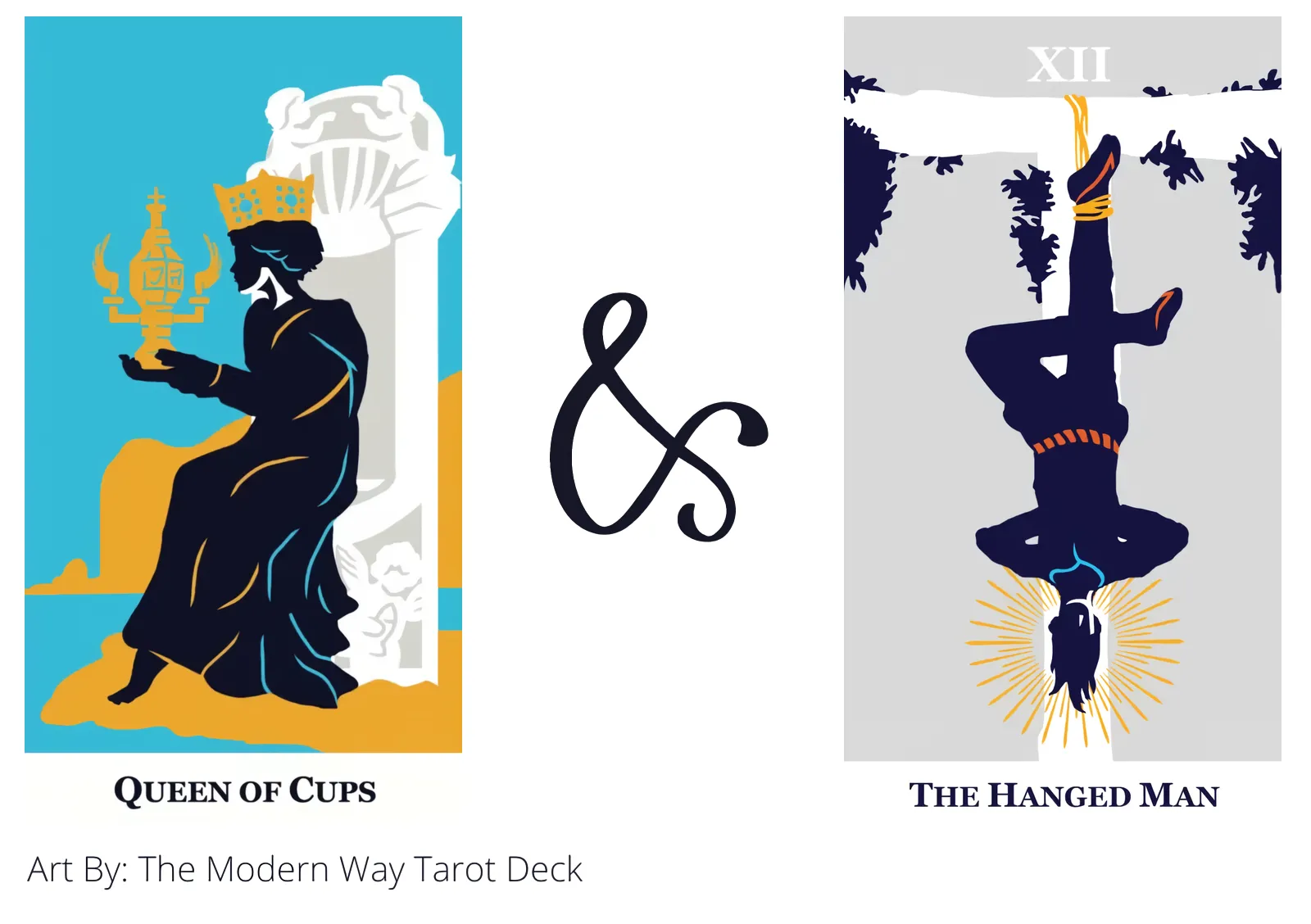 queen of cups and the hanged man tarot cards together