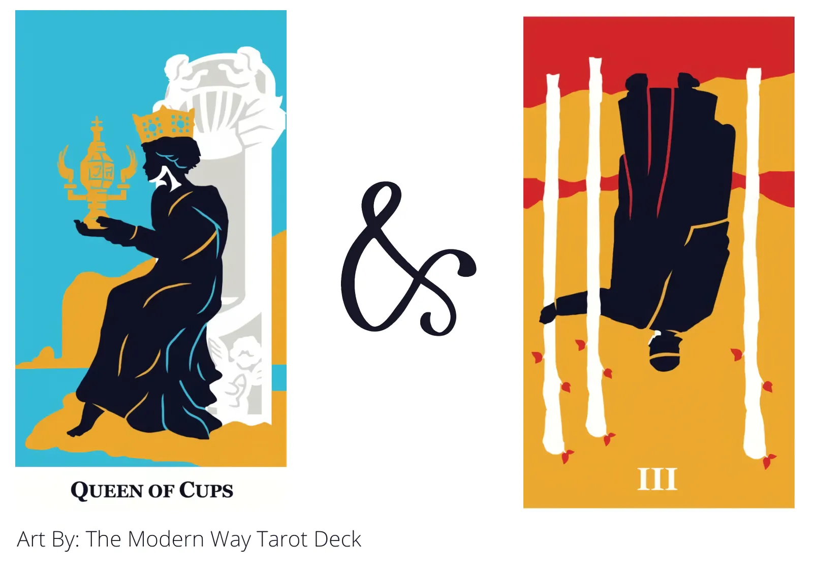 queen of cups and three of wands reversed tarot cards together