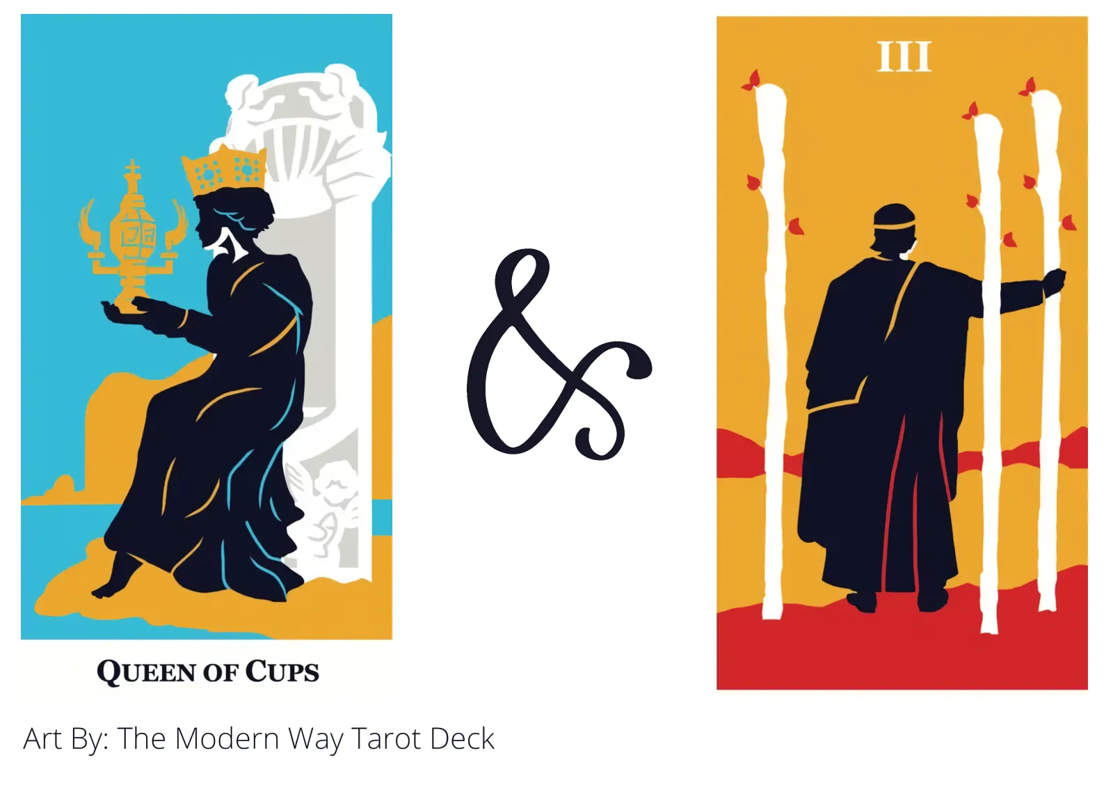 queen of cups and three of wands tarot cards together