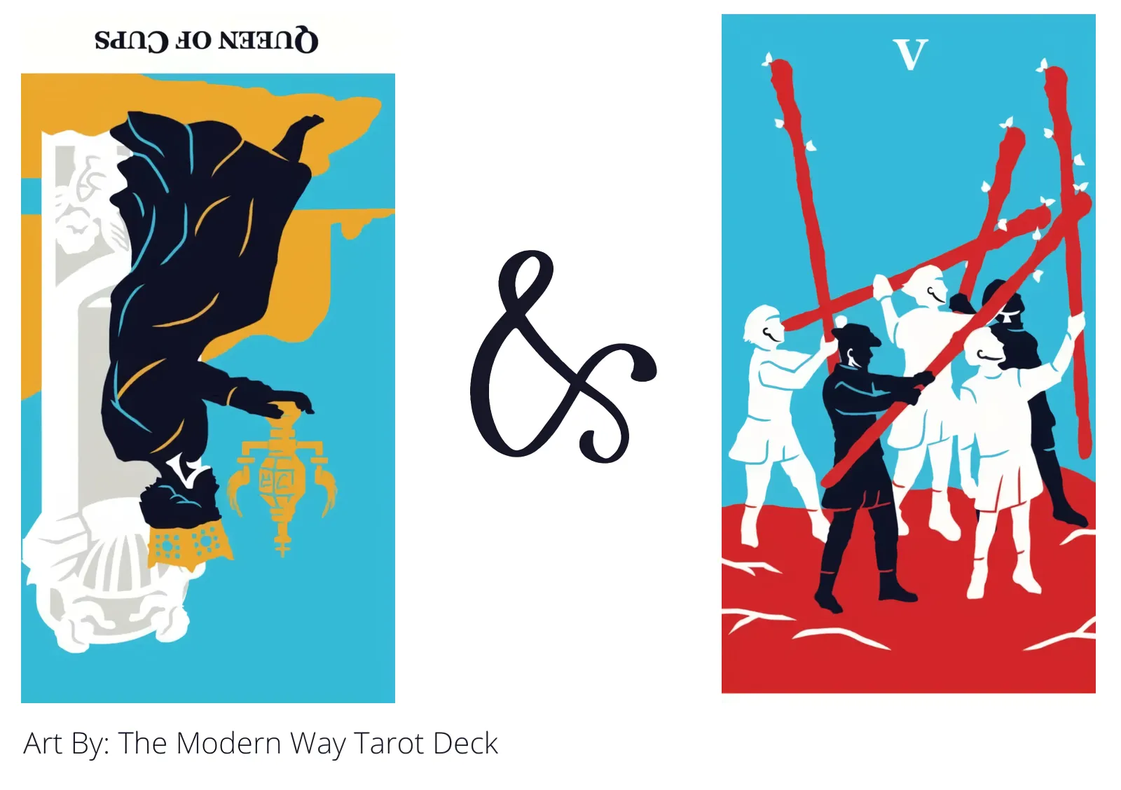 queen of cups reversed and five of wands tarot cards together