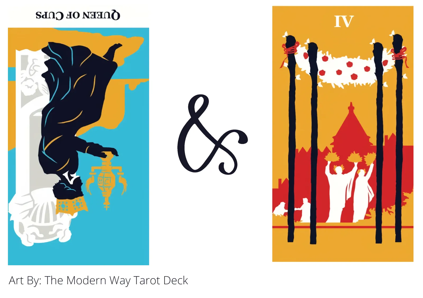 queen of cups reversed and four of wands tarot cards together