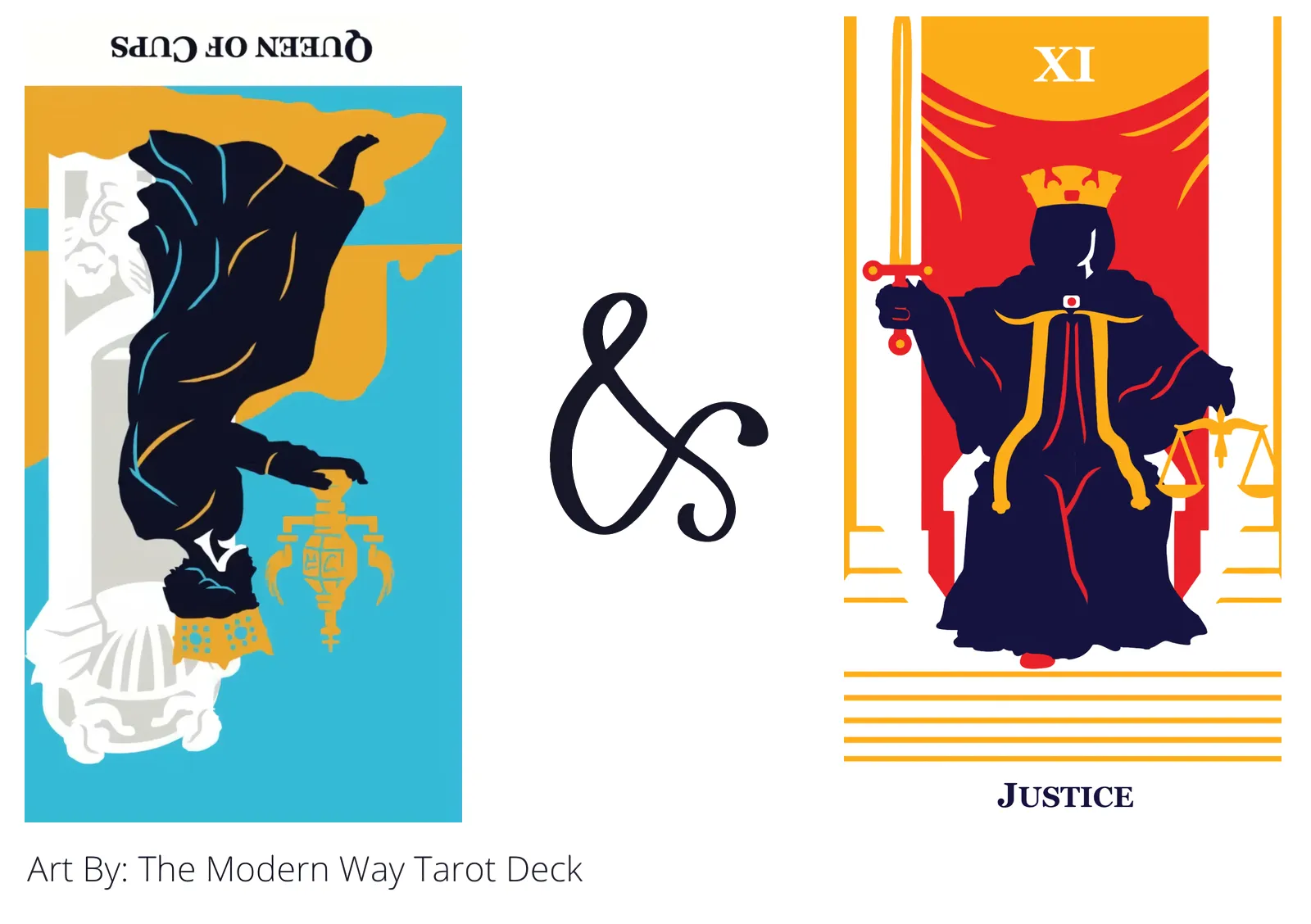 queen of cups reversed and justice tarot cards together