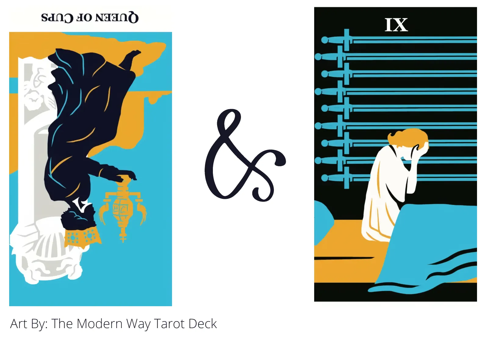 queen of cups reversed and nine of swords tarot cards together