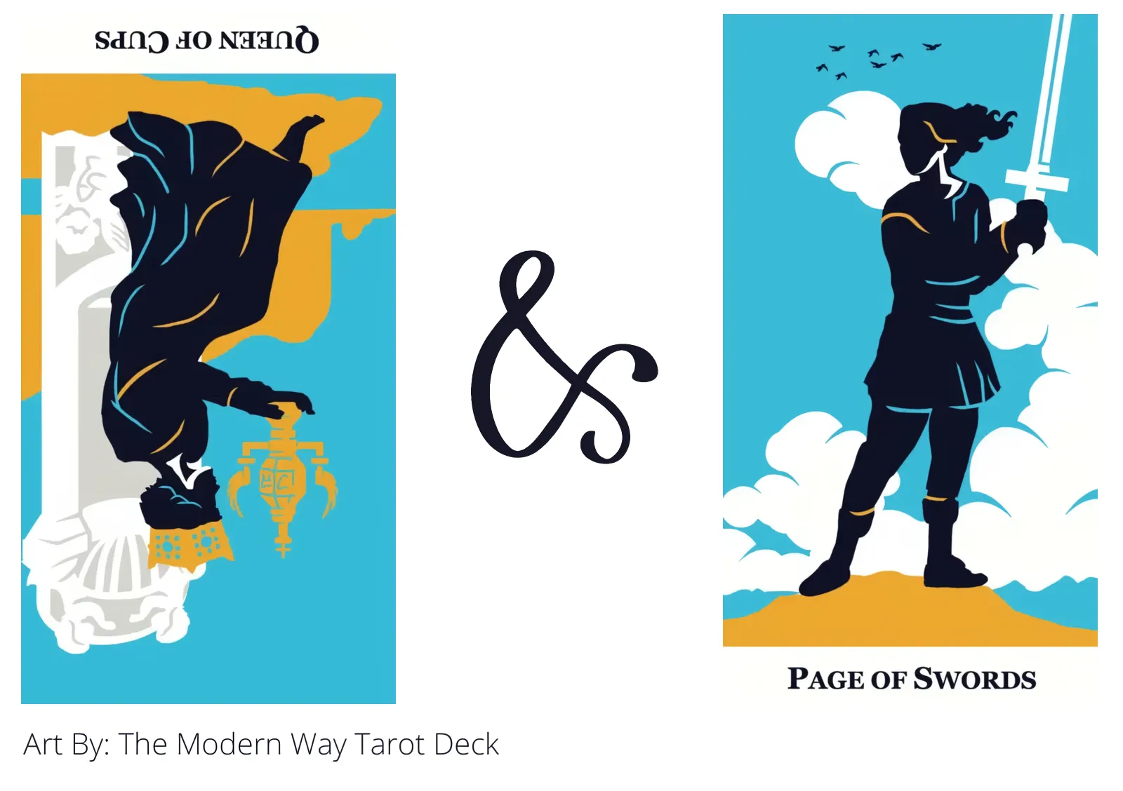 queen of cups reversed and page of swords tarot cards together