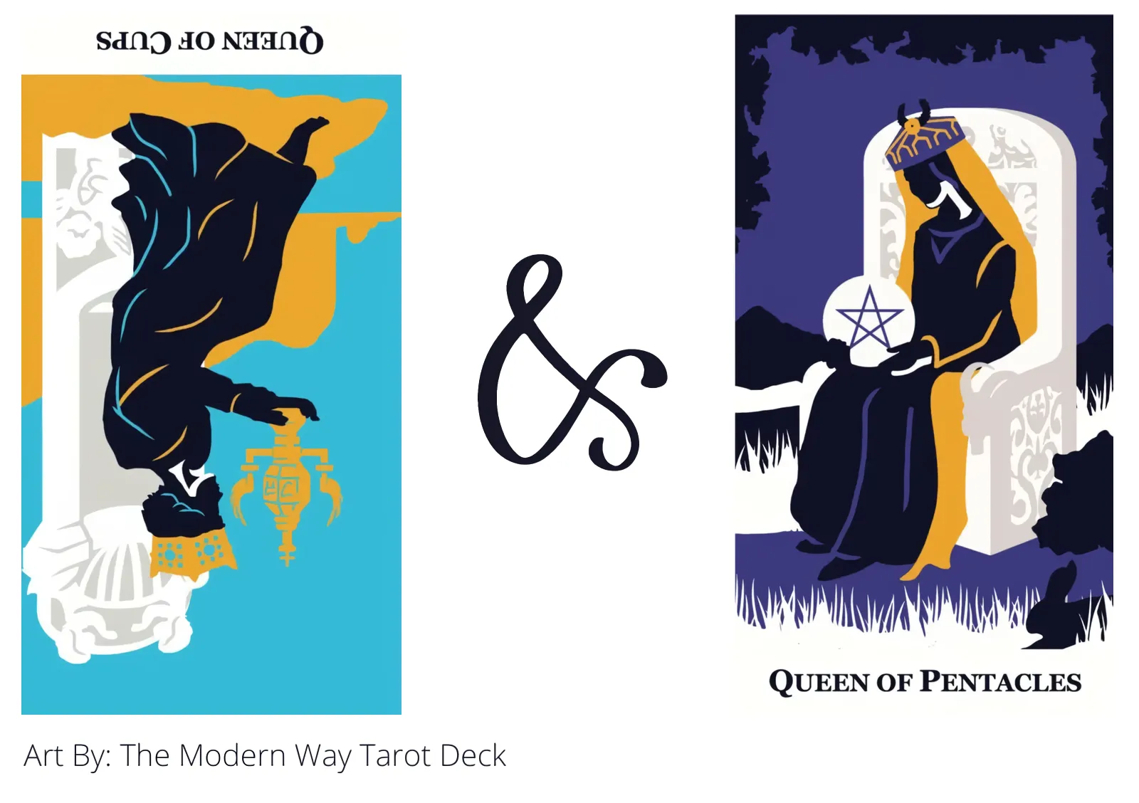 queen of cups reversed and queen of pentacles tarot cards together