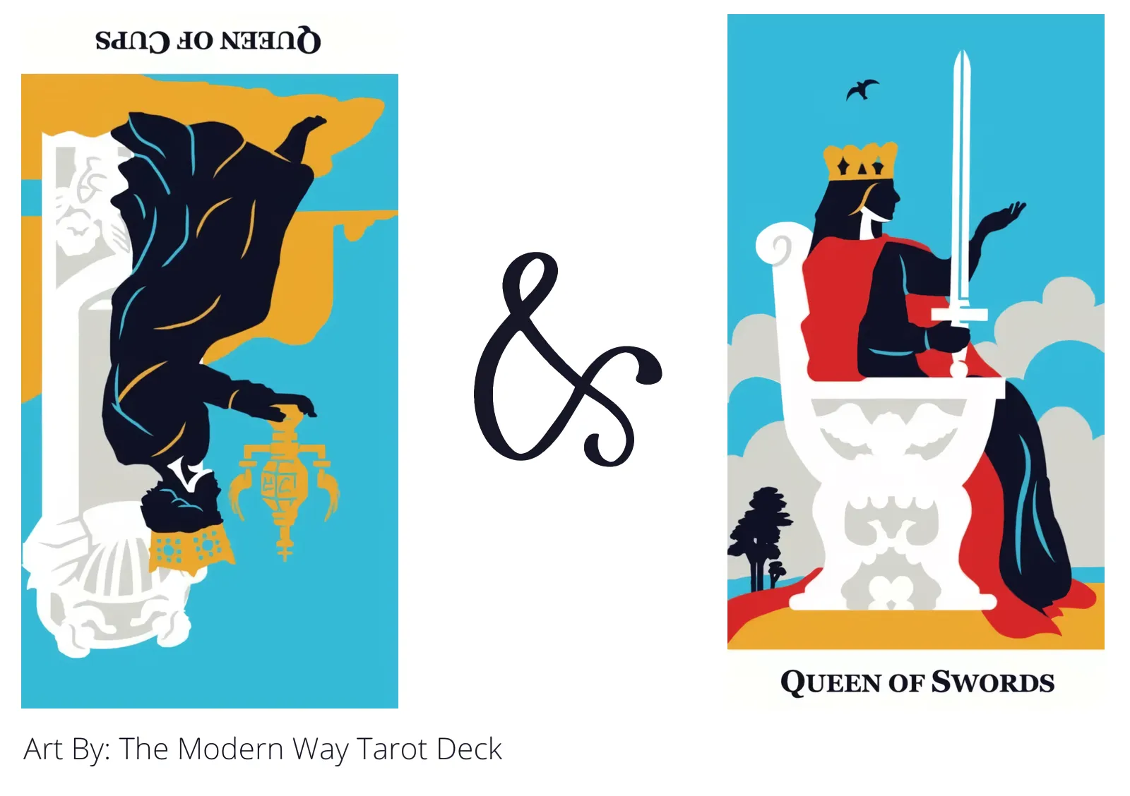 queen of cups reversed and queen of swords tarot cards together