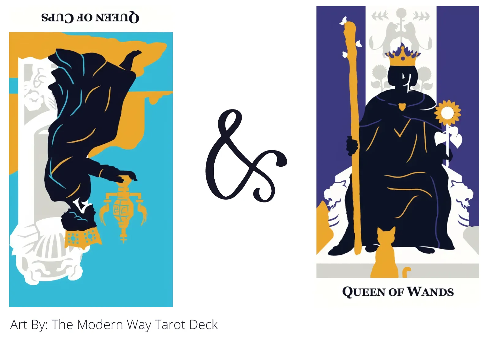 queen of cups reversed and queen of wands tarot cards together