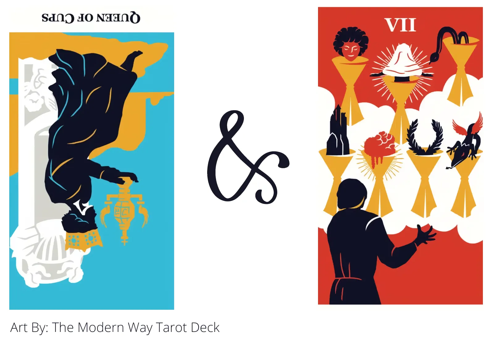 queen of cups reversed and seven of cups tarot cards together