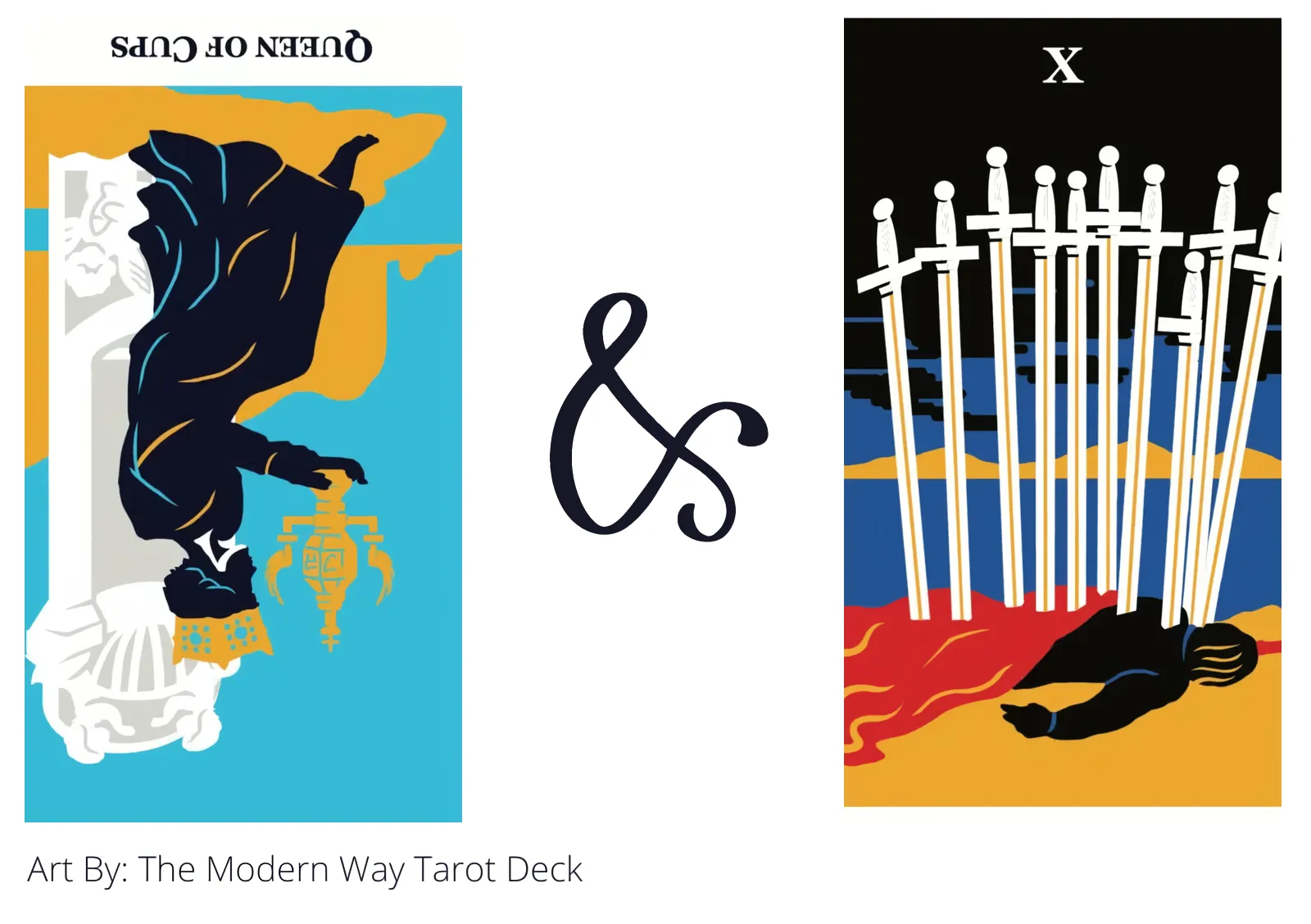 queen of cups reversed and ten of swords tarot cards together
