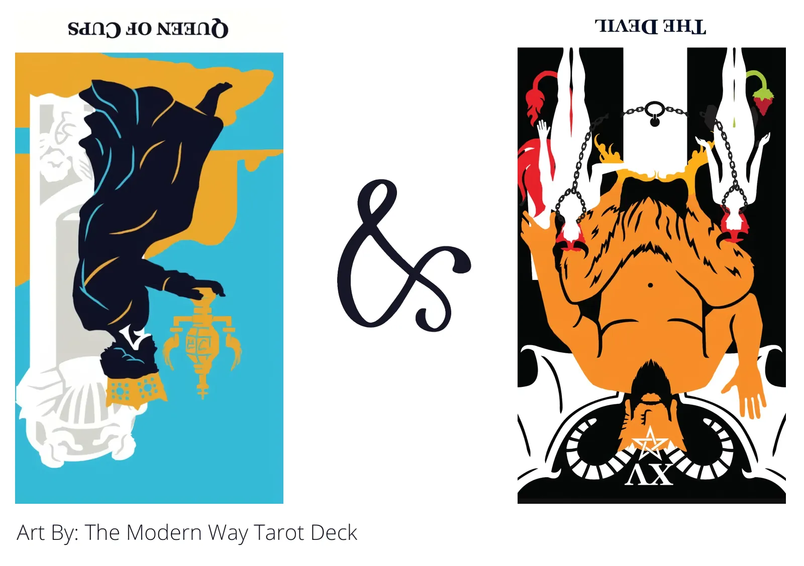 queen of cups reversed and the devil reversed tarot cards together
