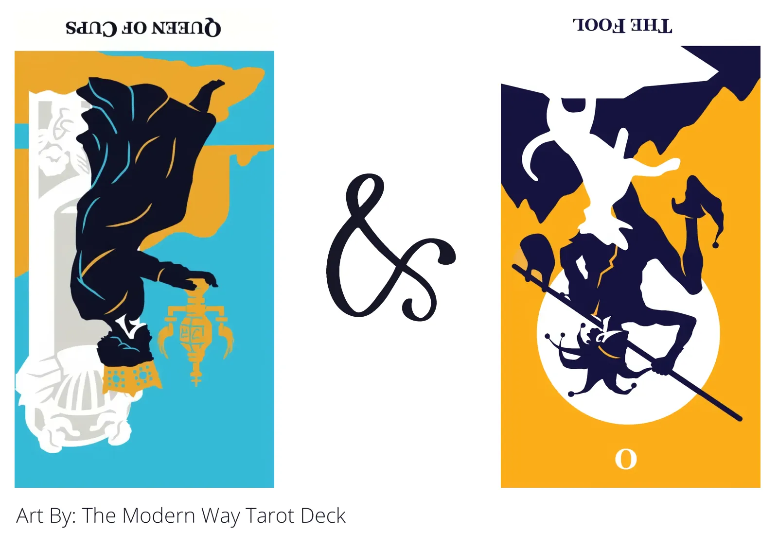 queen of cups reversed and the fool reversed tarot cards together