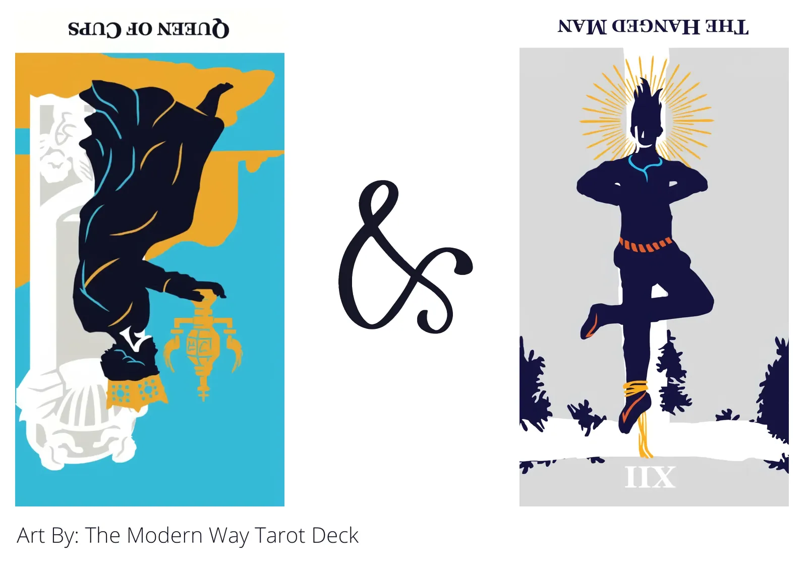 queen of cups reversed and the hanged man reversed tarot cards together