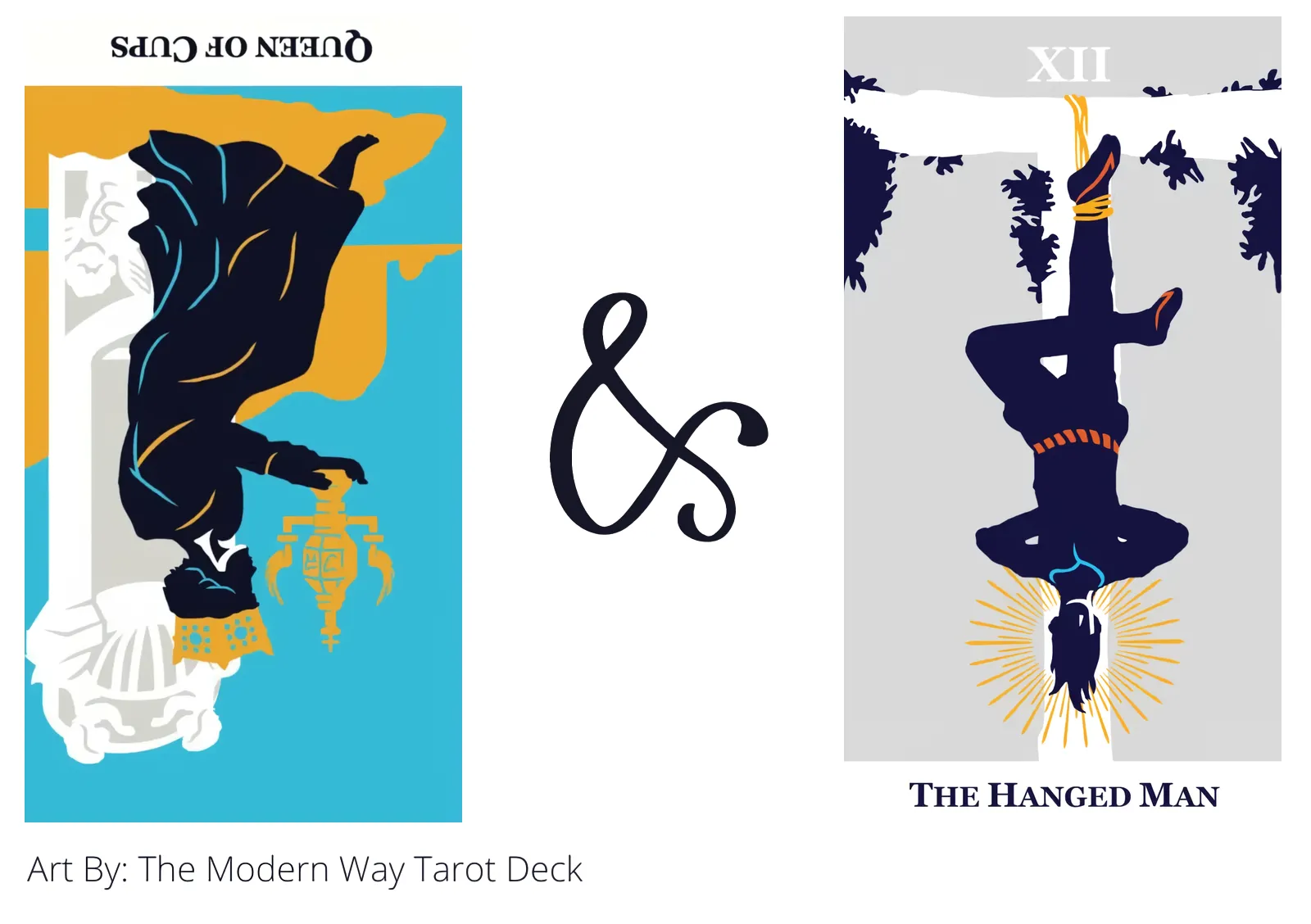 queen of cups reversed and the hanged man tarot cards together