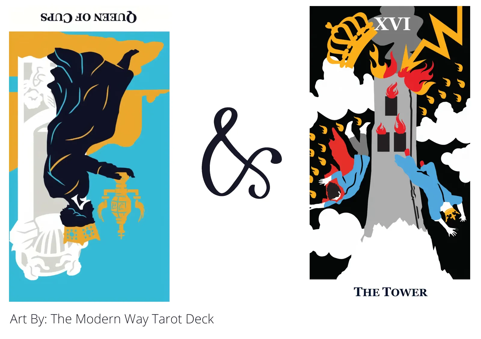 queen of cups reversed and the tower tarot cards together