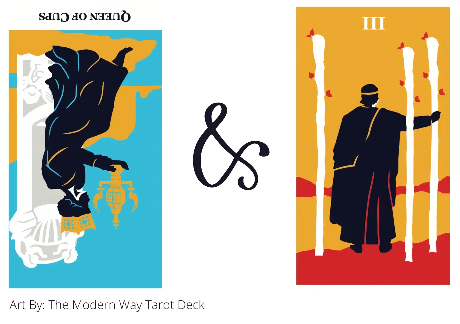 queen of cups reversed and three of wands tarot cards together