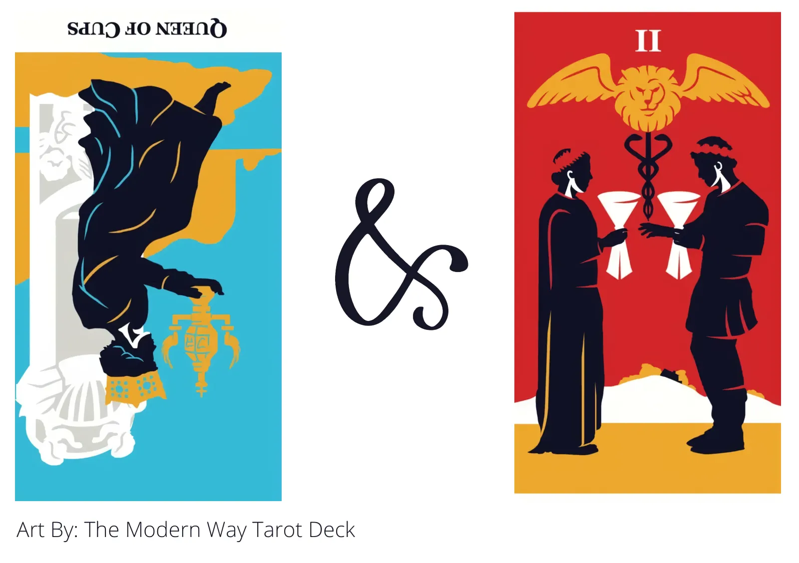 queen of cups reversed and two of cups tarot cards together
