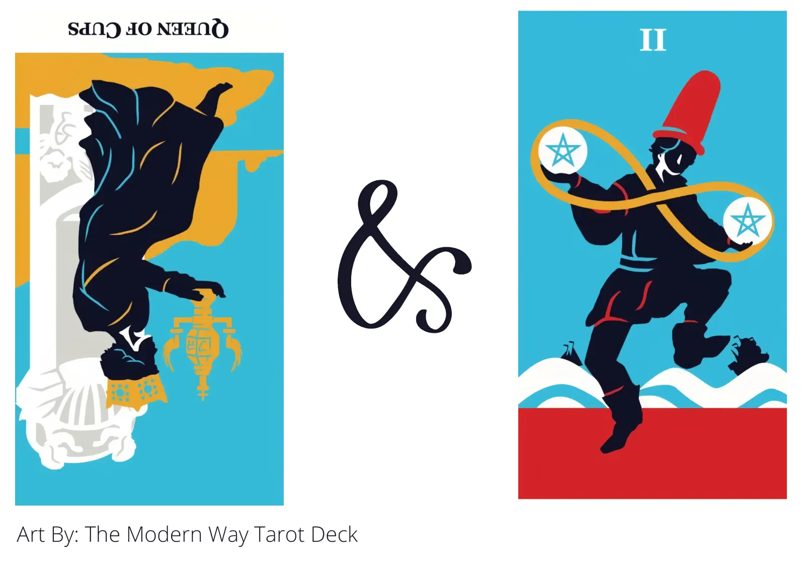 queen of cups reversed and two of pentacles tarot cards together