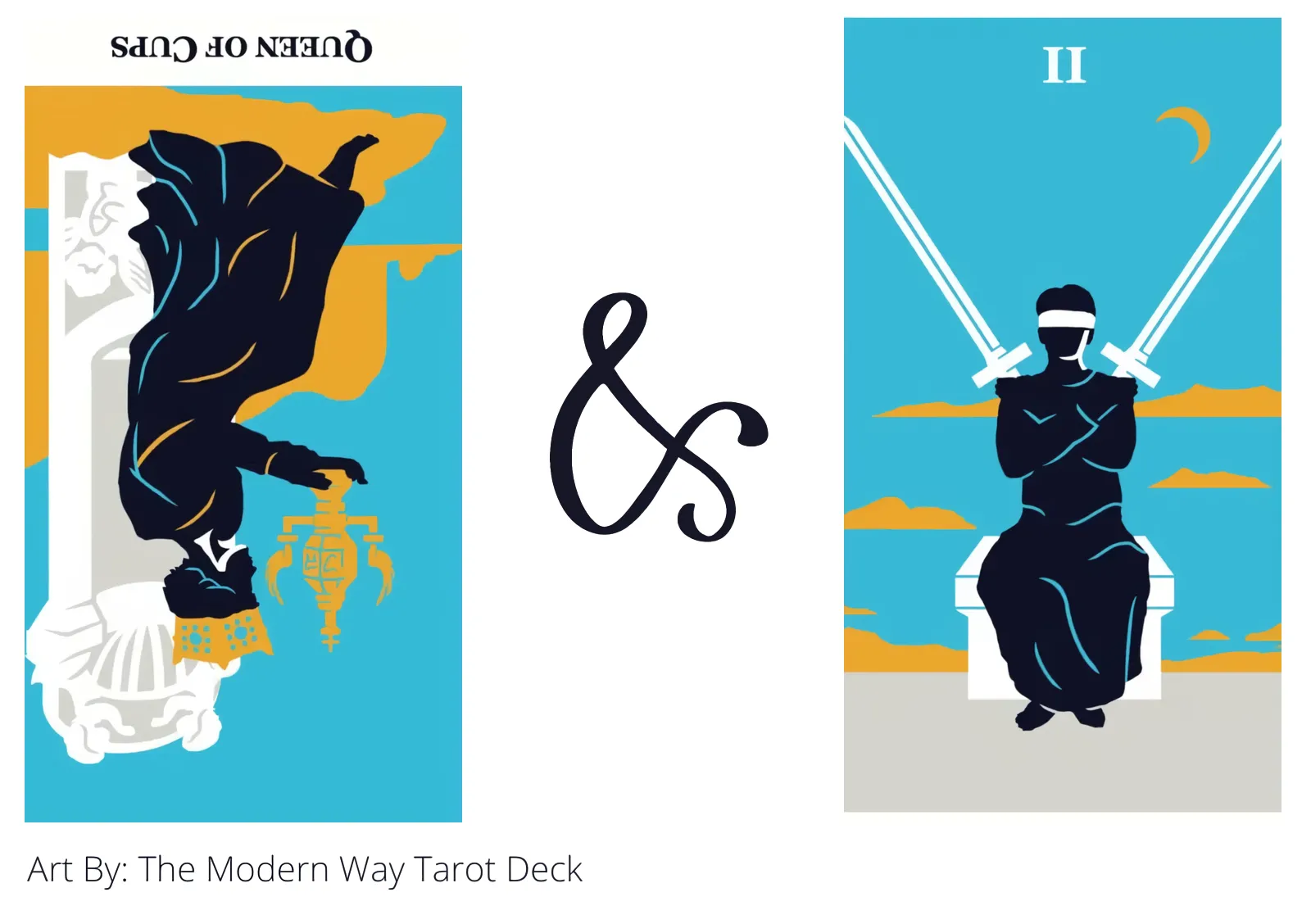 queen of cups reversed and two of swords tarot cards together