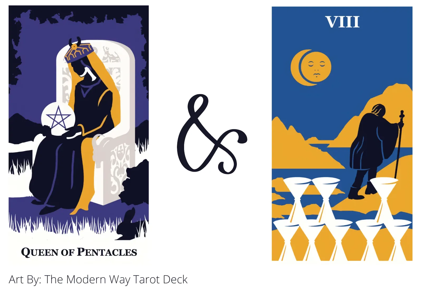 queen of pentacles and eight of cups tarot cards together