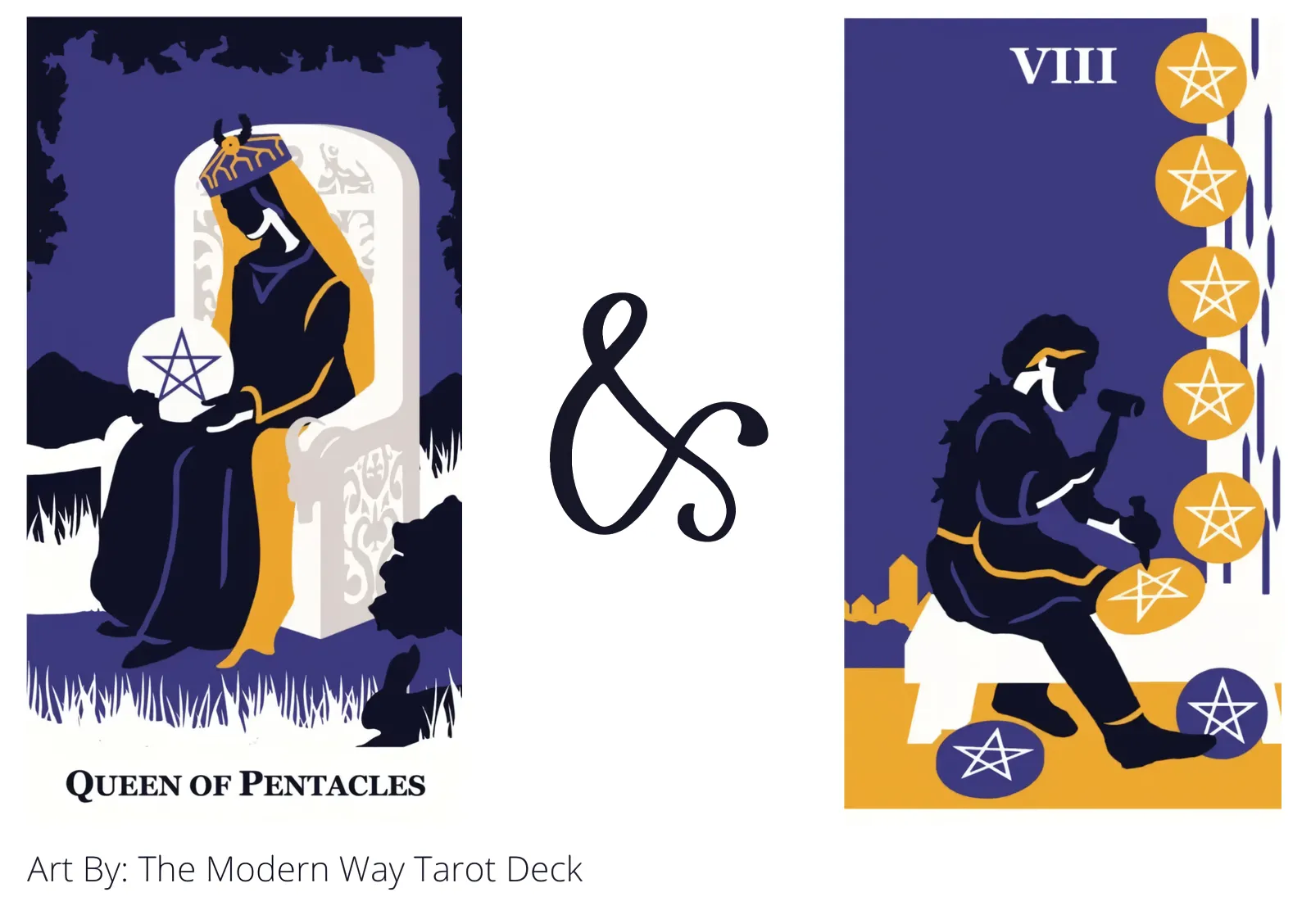 queen of pentacles and eight of pentacles tarot cards together