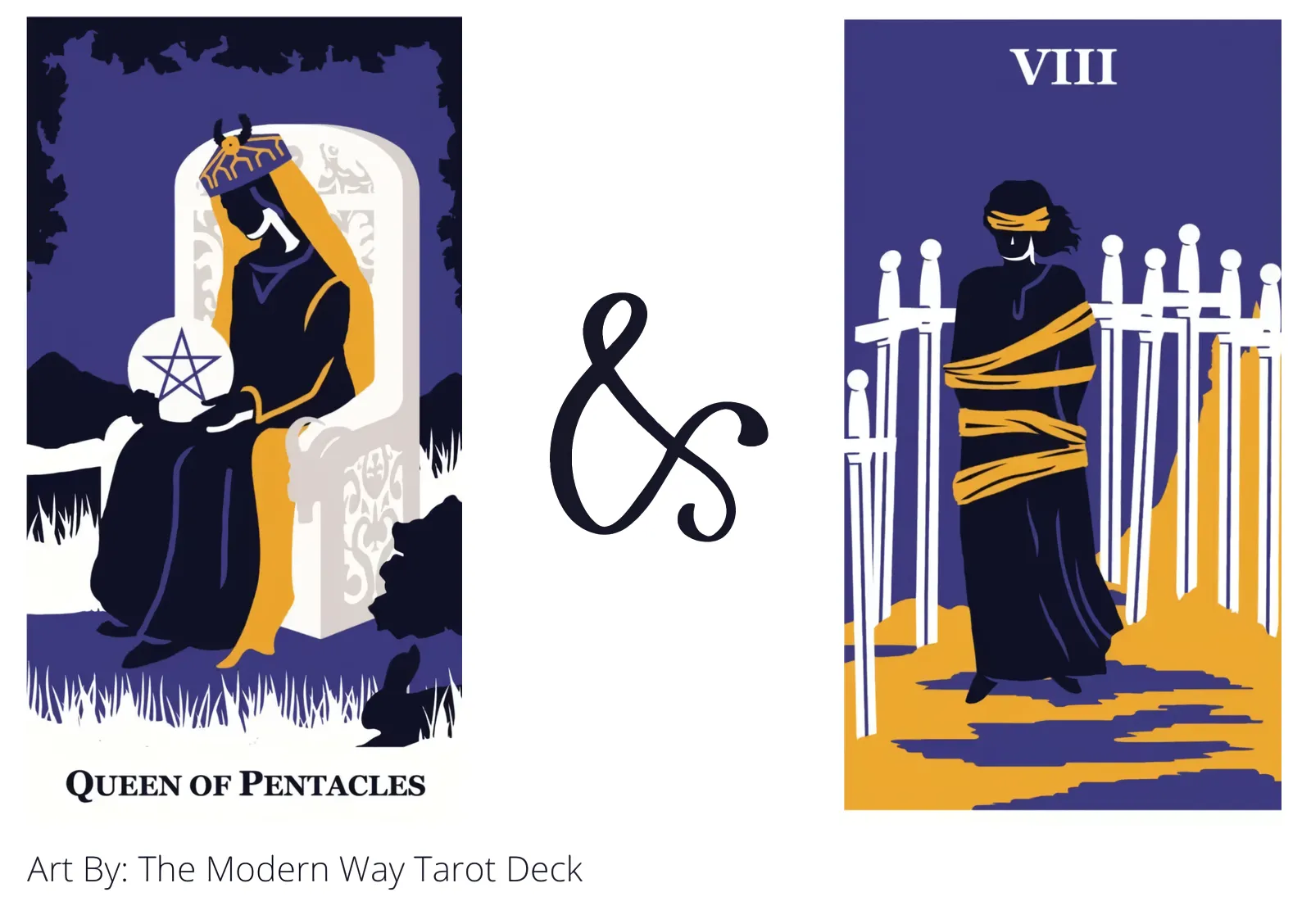 queen of pentacles and eight of swords tarot cards together