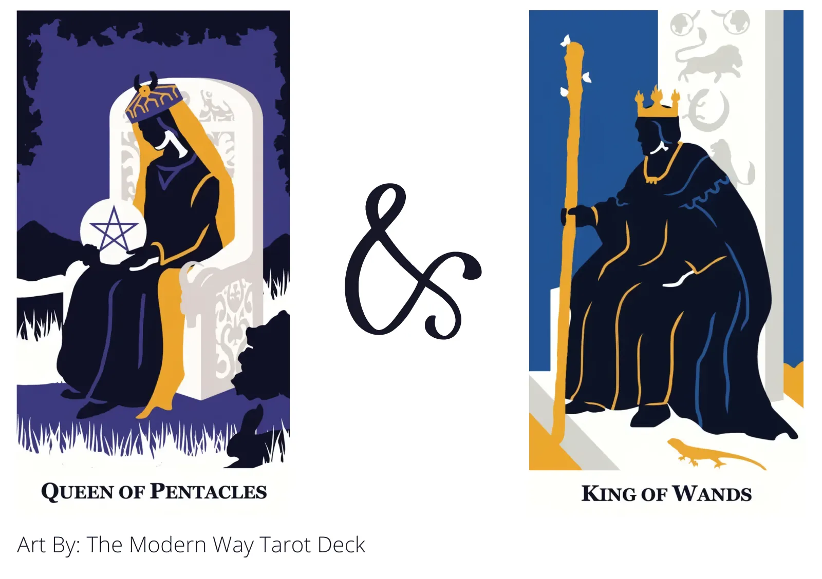 queen of pentacles and king of wands tarot cards together