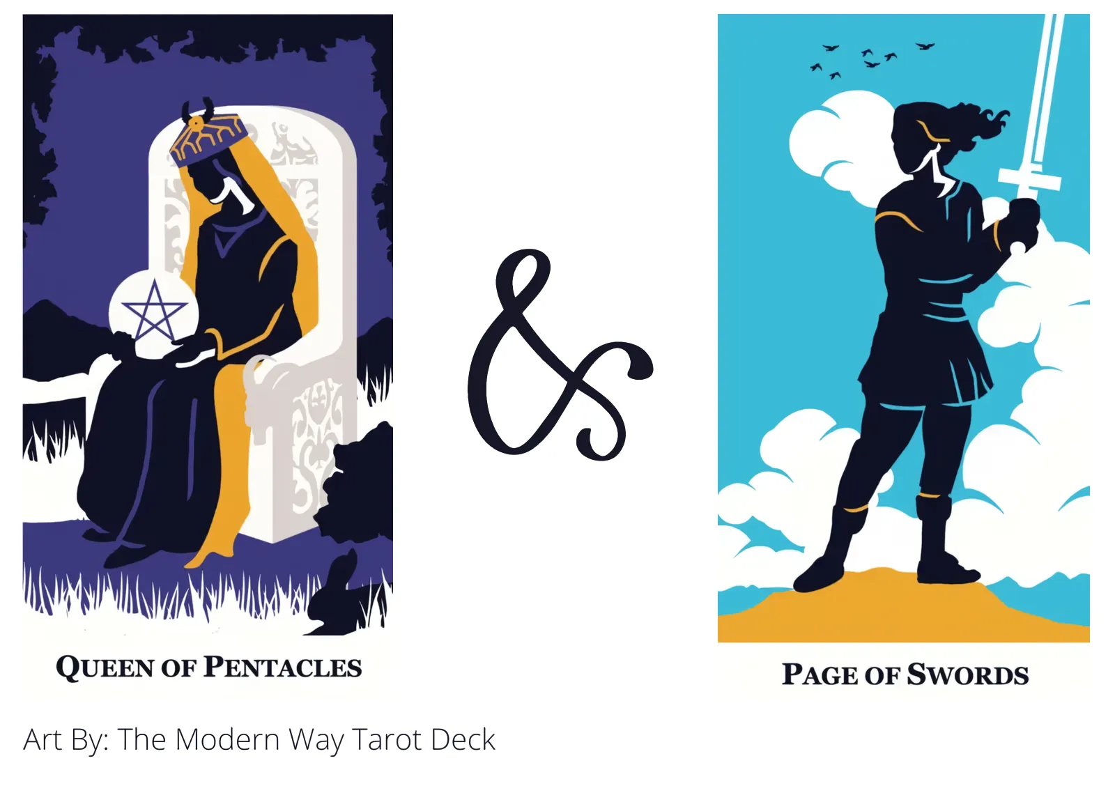 queen of pentacles and page of swords tarot cards together