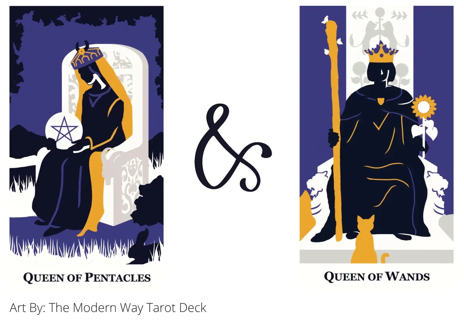 queen of pentacles and queen of wands tarot cards together