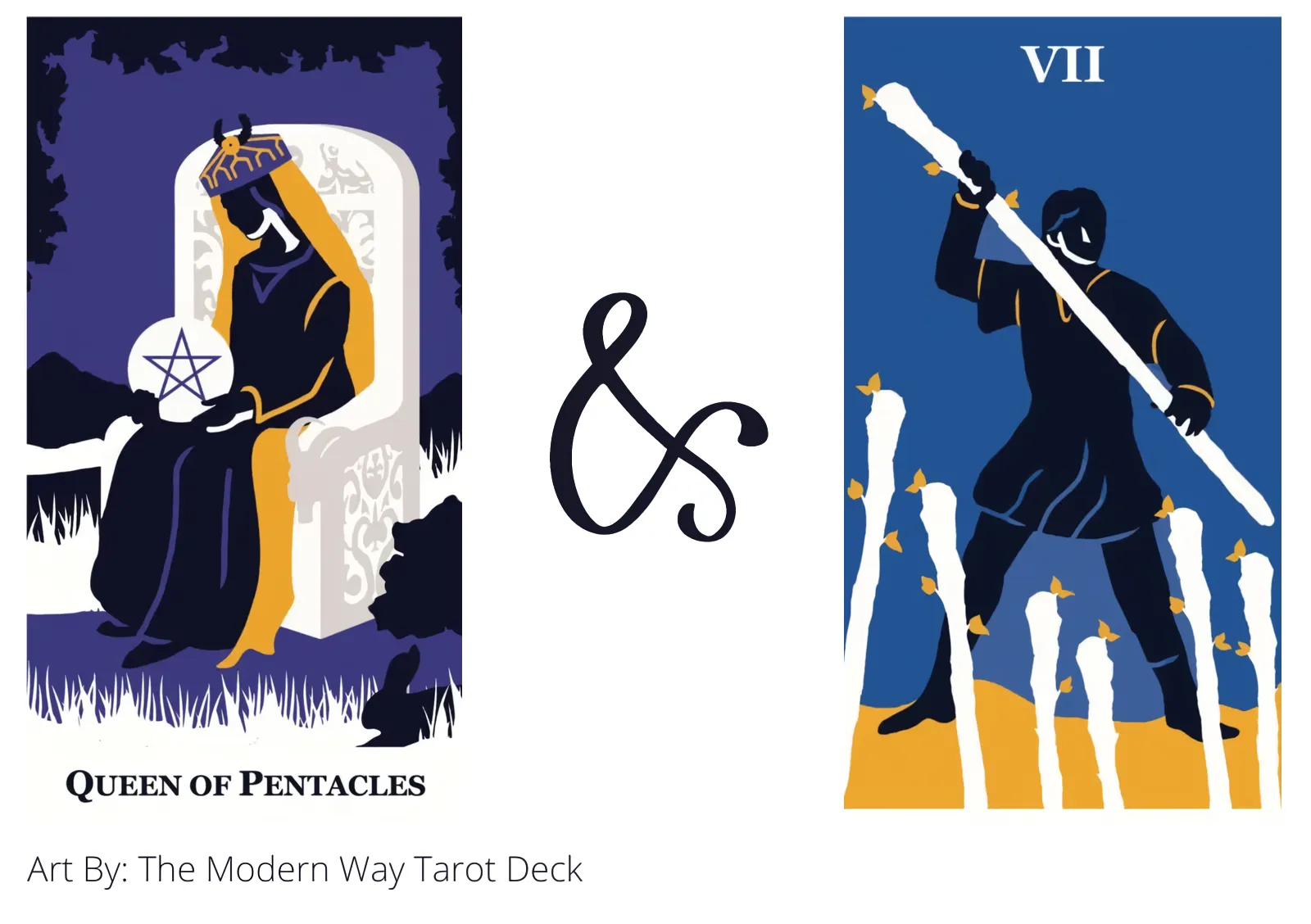 queen of pentacles and seven of wands tarot cards together