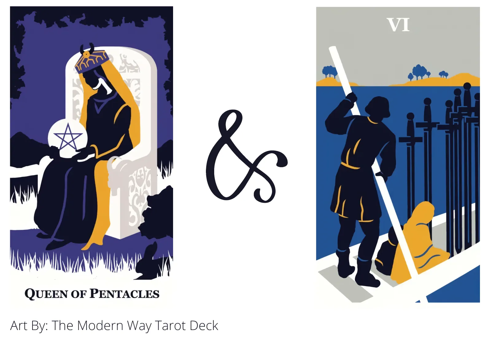 queen of pentacles and six of swords tarot cards together