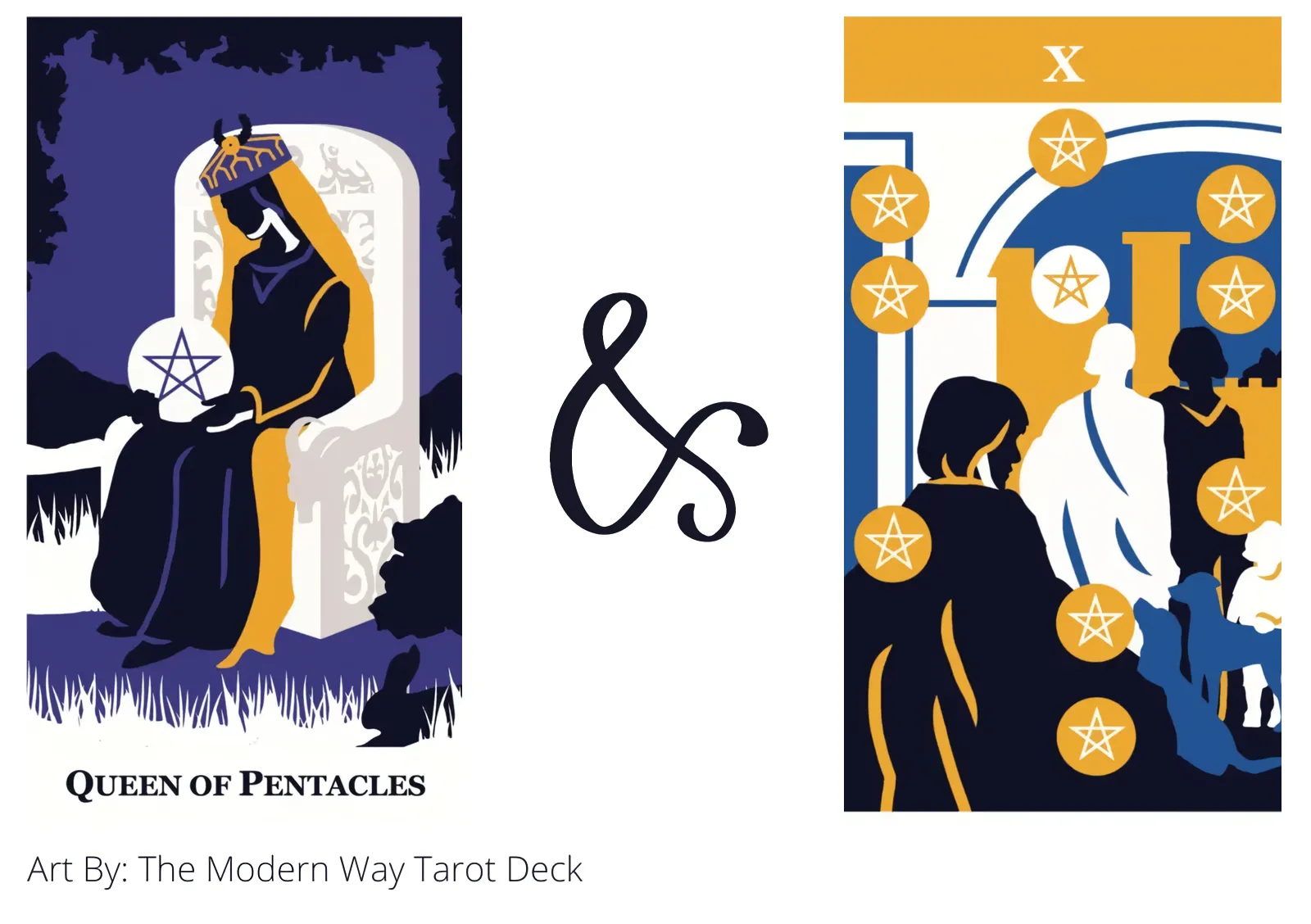 queen of pentacles and ten of pentacles tarot cards together