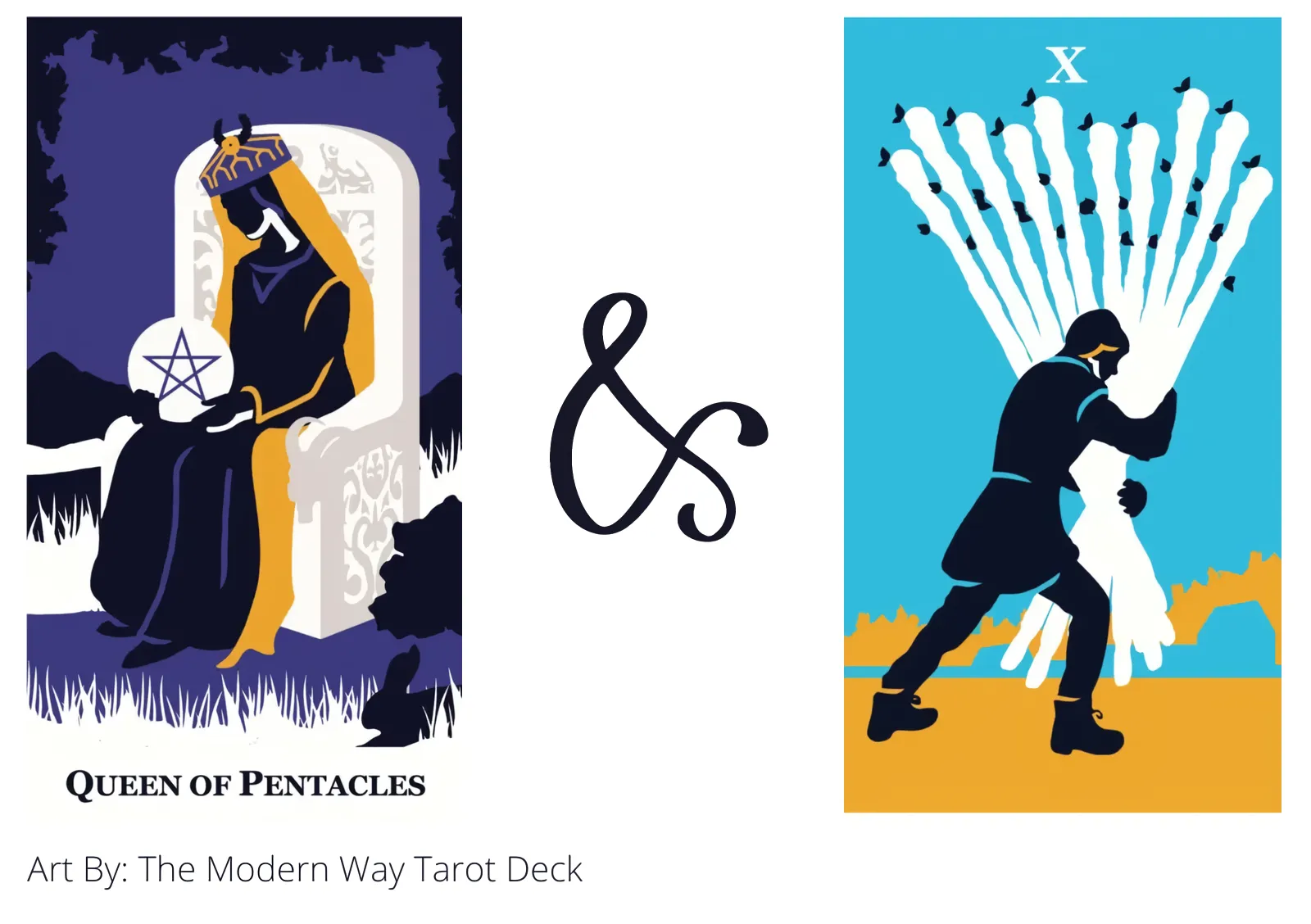 queen of pentacles and ten of wands tarot cards together