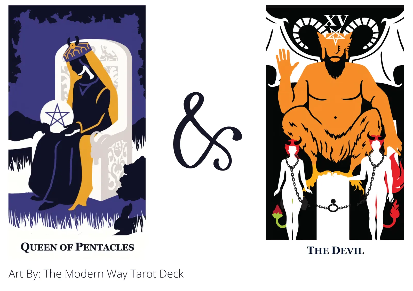 queen of pentacles and the devil tarot cards together