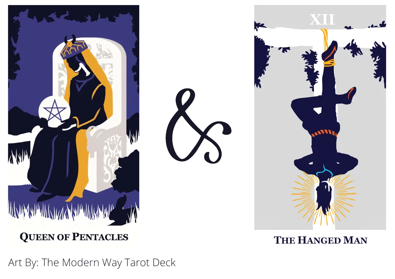 queen of pentacles and the hanged man tarot cards together