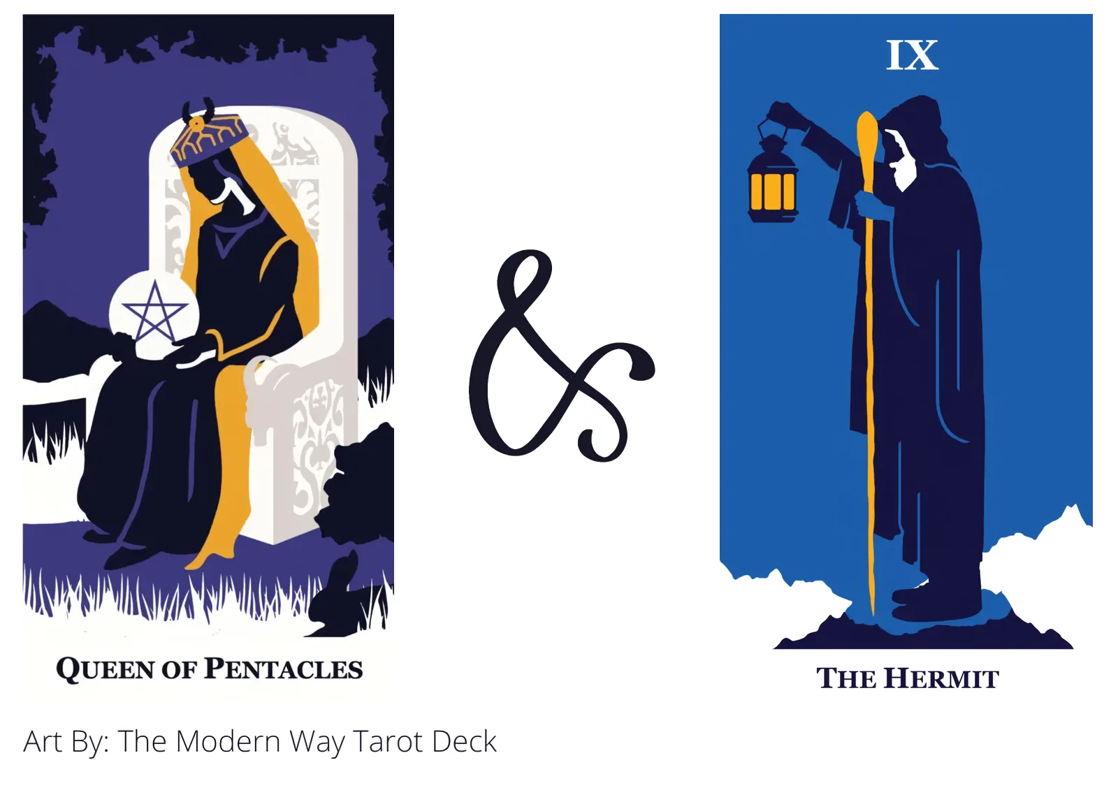 queen of pentacles and the hermit tarot cards together