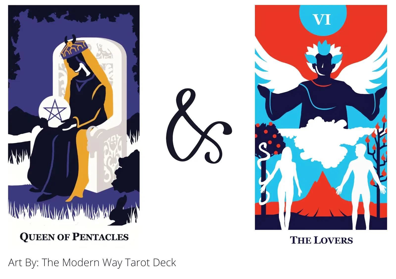 queen of pentacles and the lovers tarot cards together
