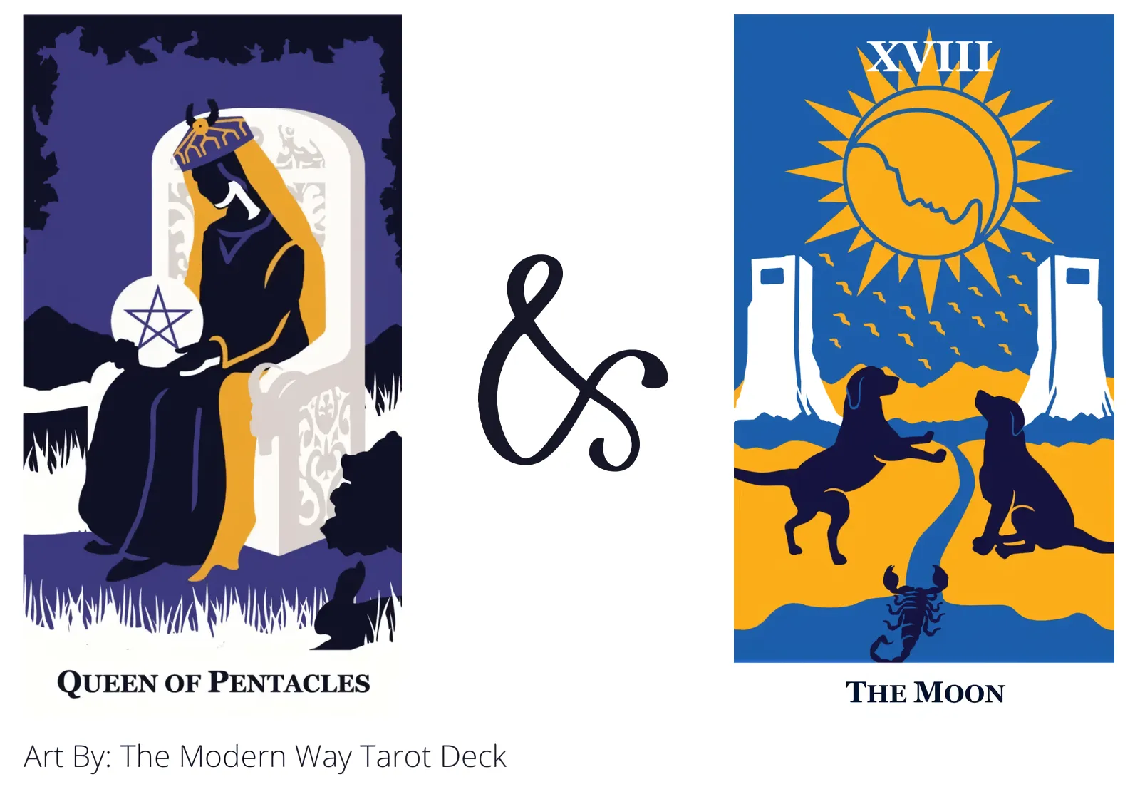 queen of pentacles and the moon tarot cards together