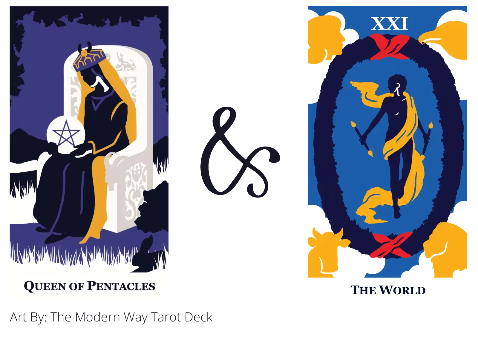 queen of pentacles and the world tarot cards together