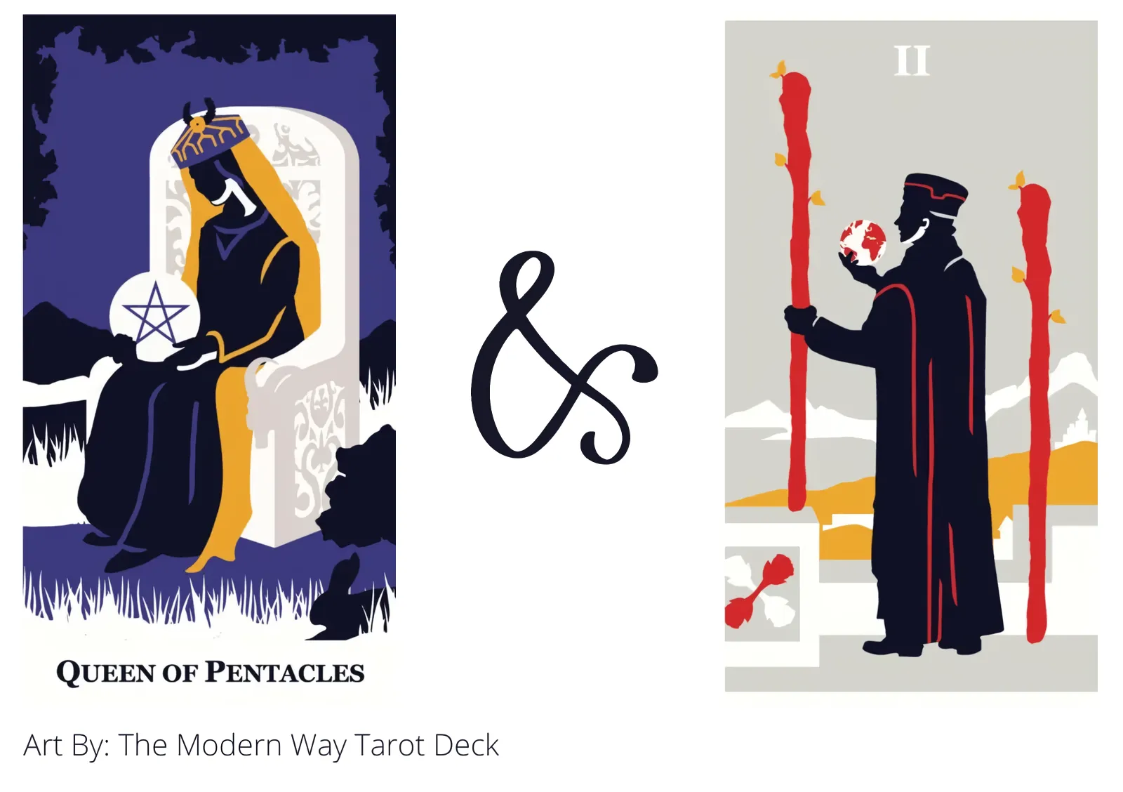 queen of pentacles and two of wands tarot cards together