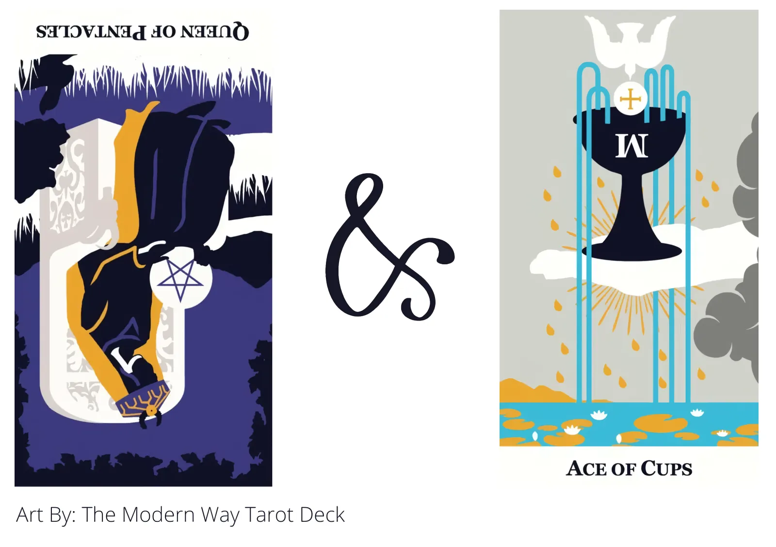 queen of pentacles reversed and ace of cups tarot cards together