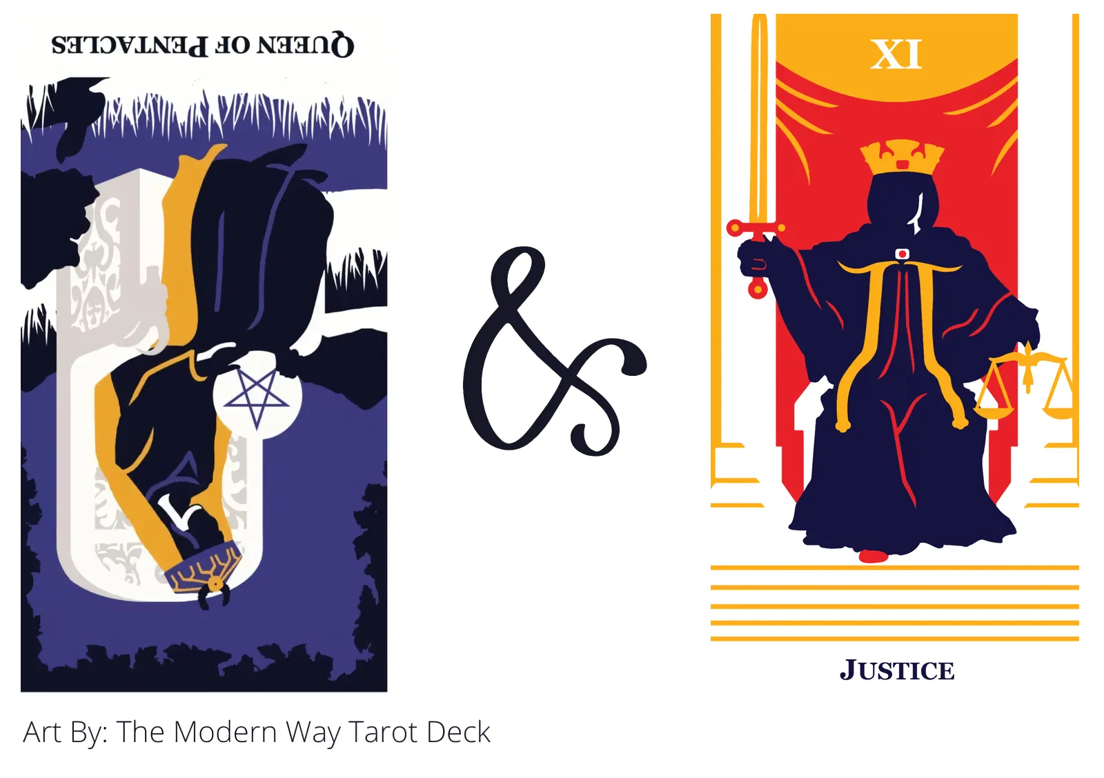 queen of pentacles reversed and justice tarot cards together