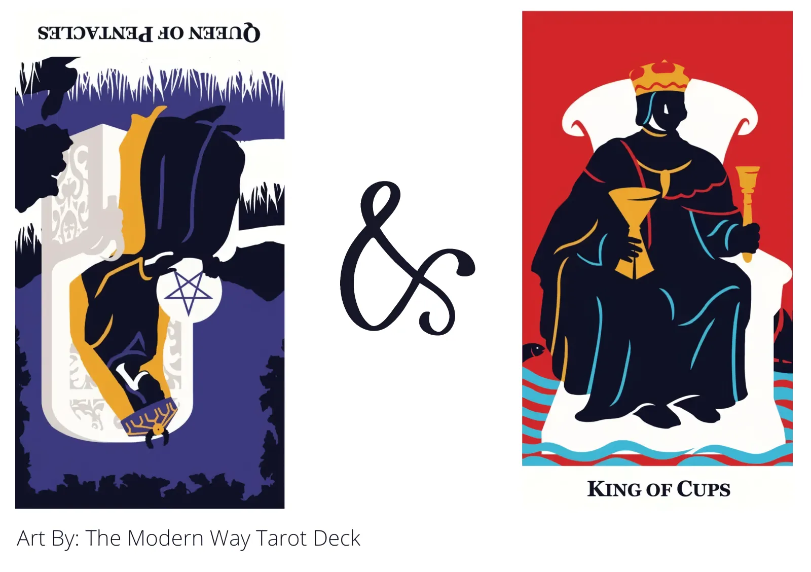 queen of pentacles reversed and king of cups tarot cards together