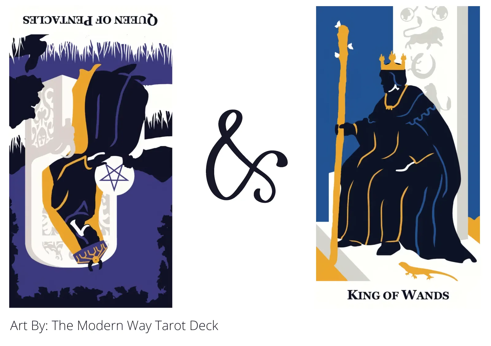 queen of pentacles reversed and king of wands tarot cards together