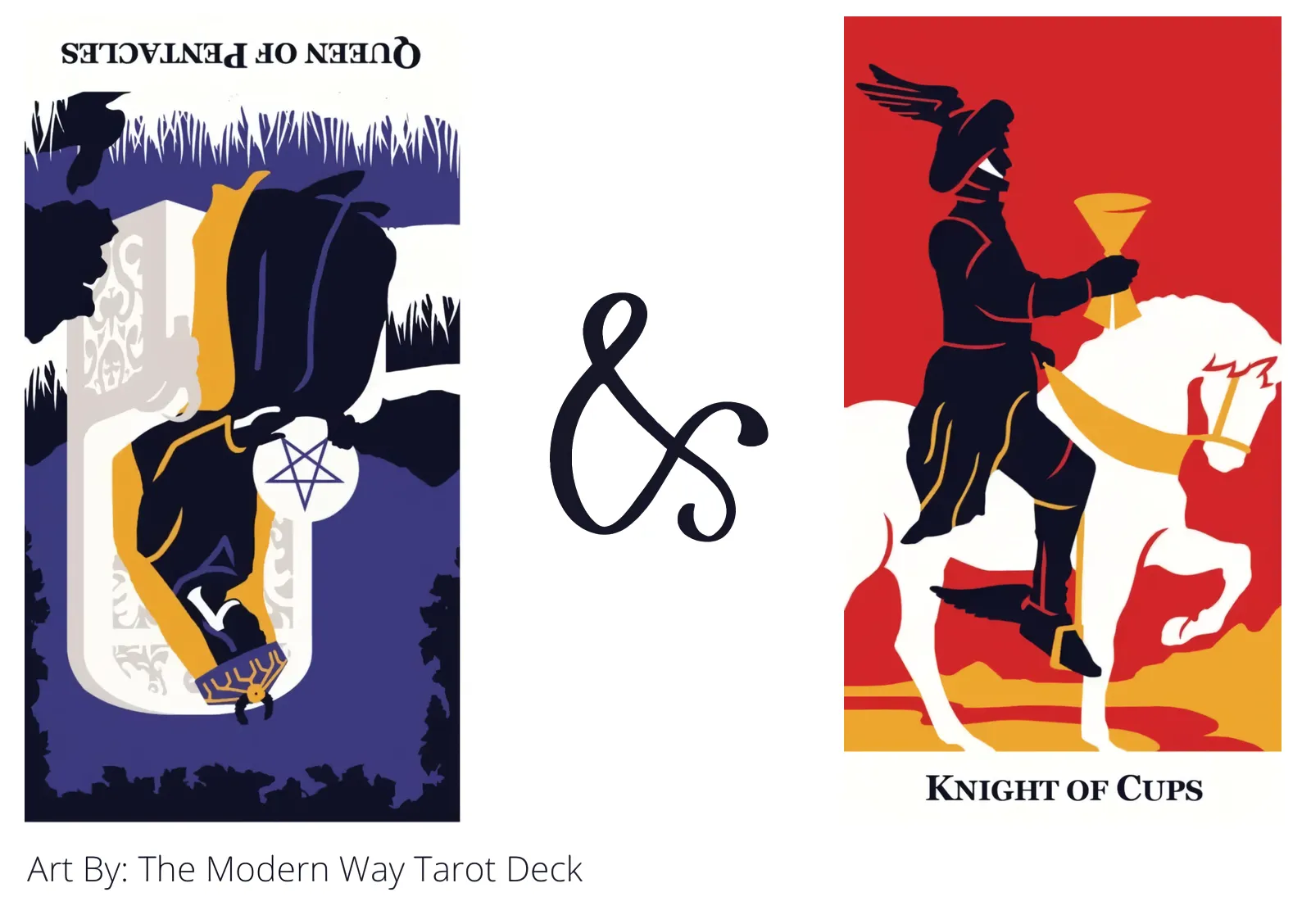queen of pentacles reversed and knight of cups tarot cards together