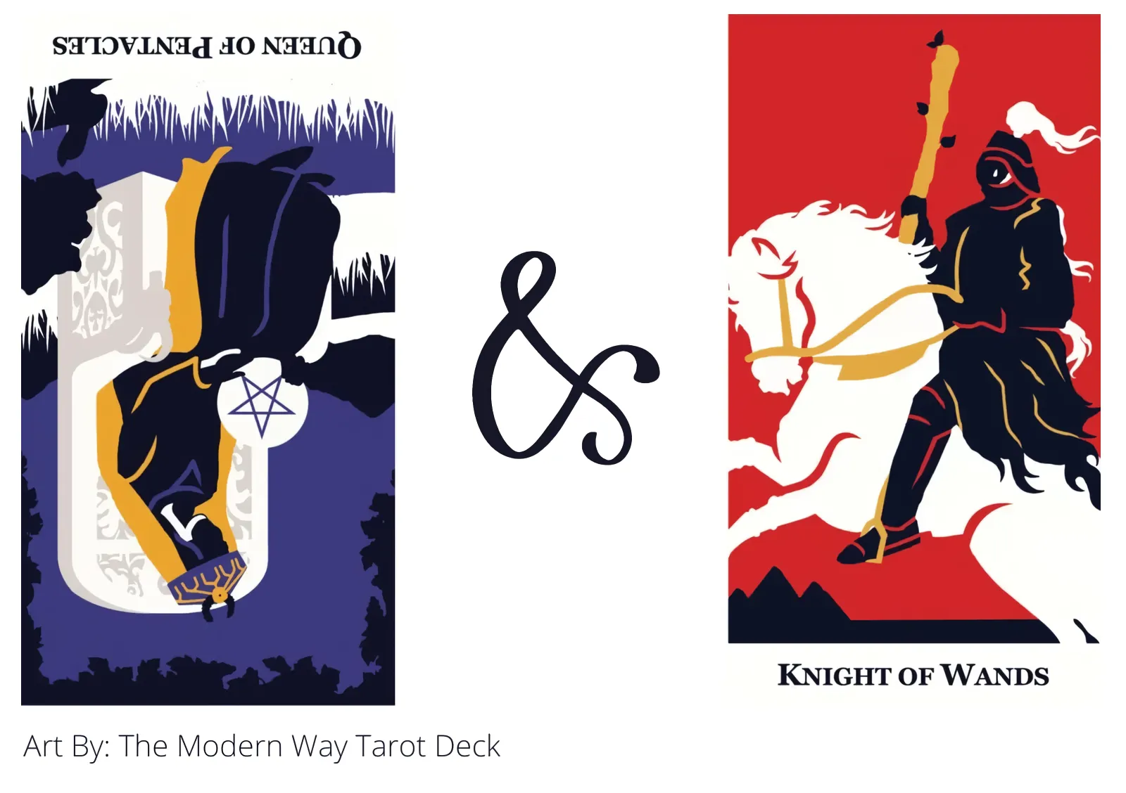 queen of pentacles reversed and knight of wands tarot cards together