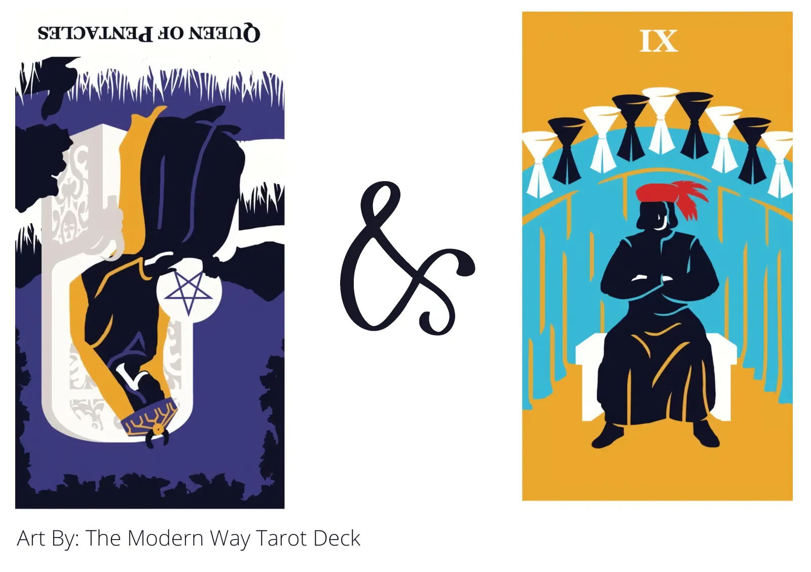 queen of pentacles reversed and nine of cups tarot cards together