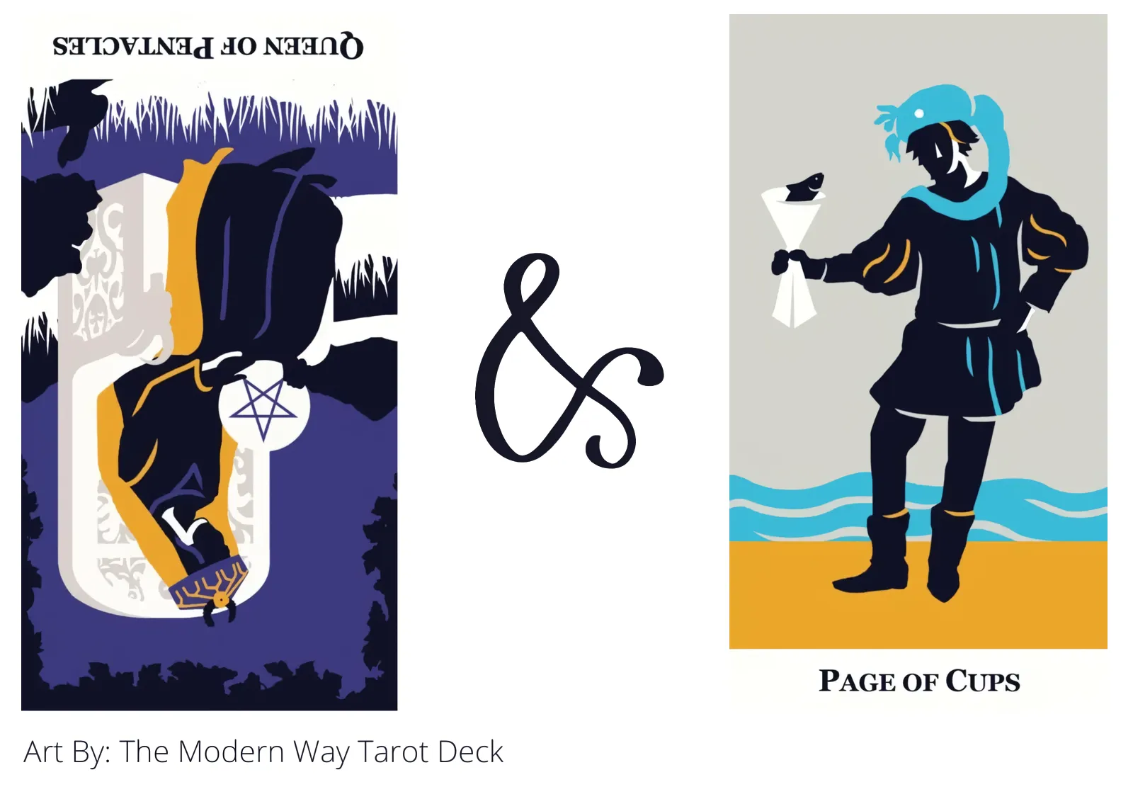 queen of pentacles reversed and page of cups tarot cards together