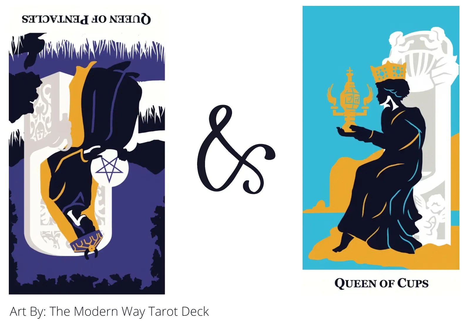 queen of pentacles reversed and queen of cups tarot cards together